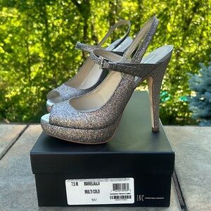 INC Mariela Multi-Colored Sparkle Heels Glitter Sz 7.5 Platform Peep Toe